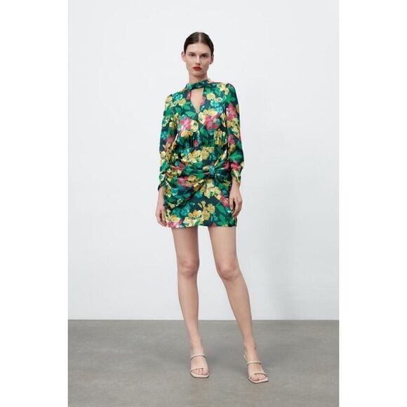 NWT Zara Blogger’s Favorite Floral Satin Effect Cutout Long Sleeve Mini Dress - Picture 5 of 16